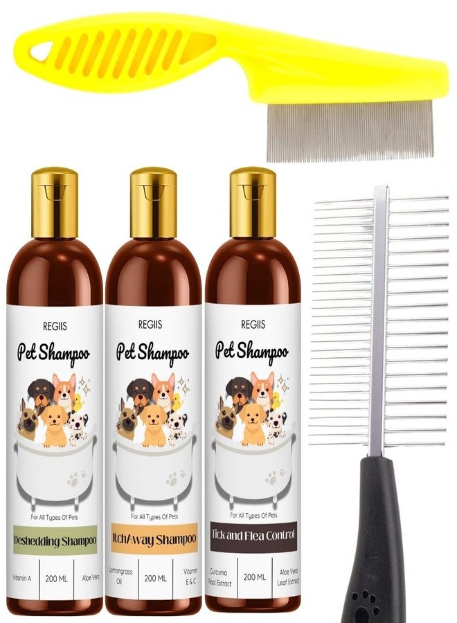 مجموعة ريجيس للعناية بالحيوانات الأليفة، مجموعة احترافية تتضمن مزيل الشعر الزائد، ومكافح القراد، وتركيبة لتخفيف الحكة، سعة كل منها 200 مل، زجاجات بنية وذهبية، وأمشاط للعناية بجميع أنواع الحيوانات الأليفة. - Image 1